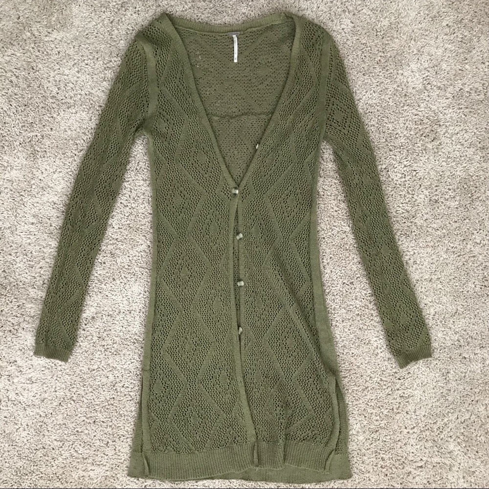 Knee length Free People cardigan in olive green